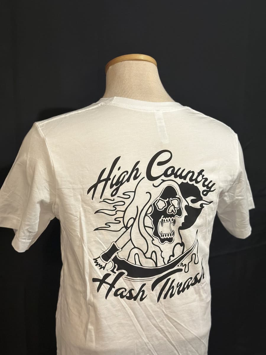 White tee with the High Country Hash Thrash reaper back print
